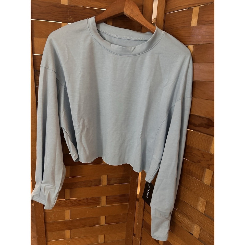 Aekwei Light Blue Long Sleeve Cropped Top Raw Hem‎